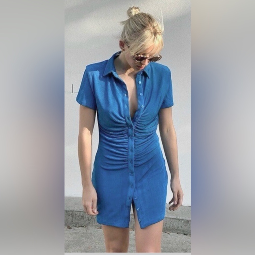 With Jean Alexa Electra Mini Dress Ruched Stretchy Lined in Blue Size M
